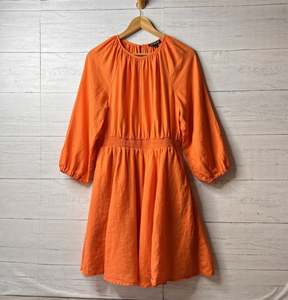 J Crew Dress Womens Size MT Bright Orange Palmero 100% Linen Long Sleeve